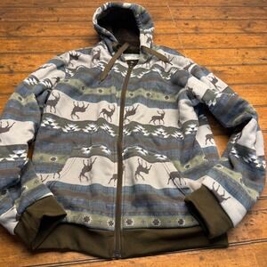 Big Ball Sports Mens Sherpa Lined Zip‎ Hoodie Deer Southwestern Print Green Med